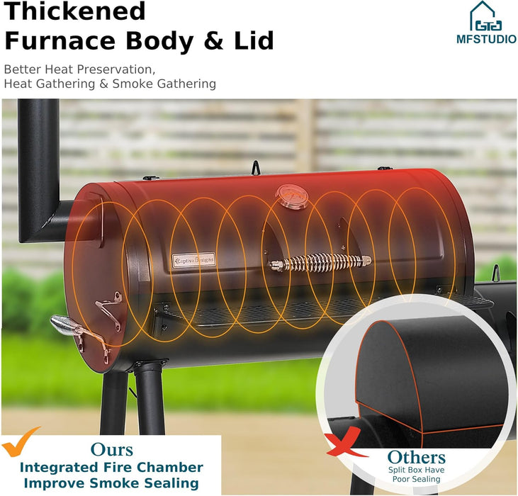 Heavy Duty Charcoal Wood Offset Outdoor Smoker Grill, Charcoal Grill with Smoker Combo for BBQ Grilling, 512 SQ.IN.