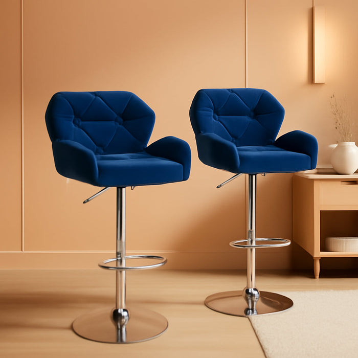 Breni Velvet Diamond Tufted Swivel Adjustable Height Barstools, Set of 2, Blue