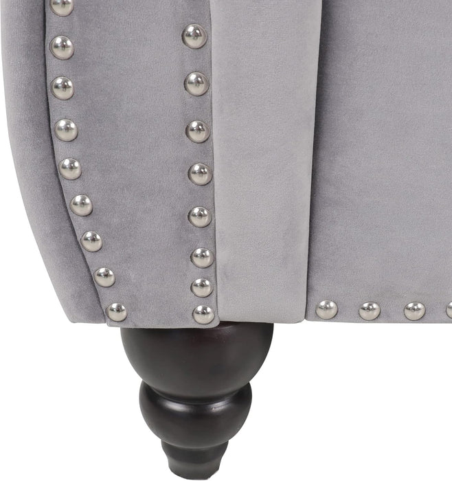 3 Pieces of Living Room Furniture Sofa Sets, Modern Velvet Chesterfield Sofa&Chesterfield Club Chair&Chesterfield Loveseat Sofas Set with Nailhead Trim Scroll Arms for Living Room(Grey)