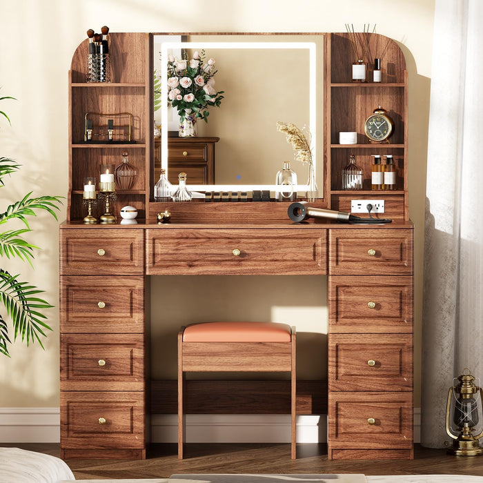 43" Makeup Vanity Desk with Mirror and Lights, & Power Outl, Glass Top Big Vanity Table with 9 Drawers& 8 Storage Shelves, Dressing Table Set with Chair for Bedroom, Brown