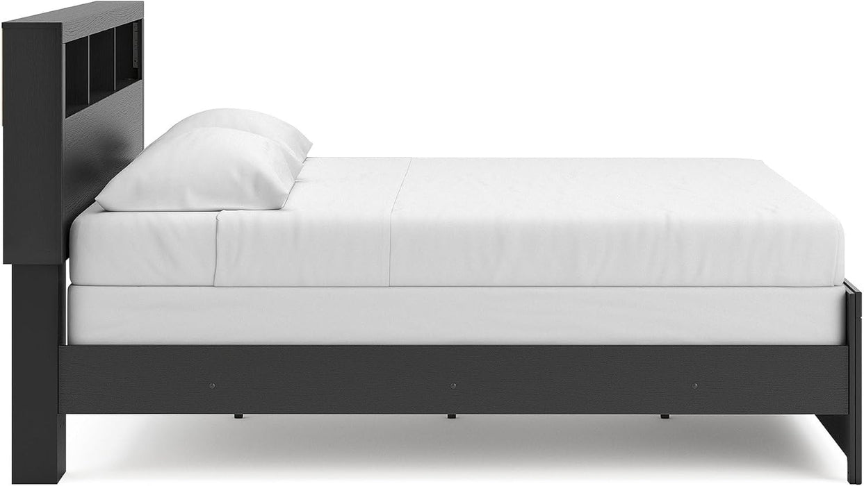 Signature Design by Ashley Jonnifer King Bed Frame with Bookcase Headboard, Storage Cubbies, Engineered Wood and Decorative Laminate, Bedroom Use, Warm Gray and Matte Black