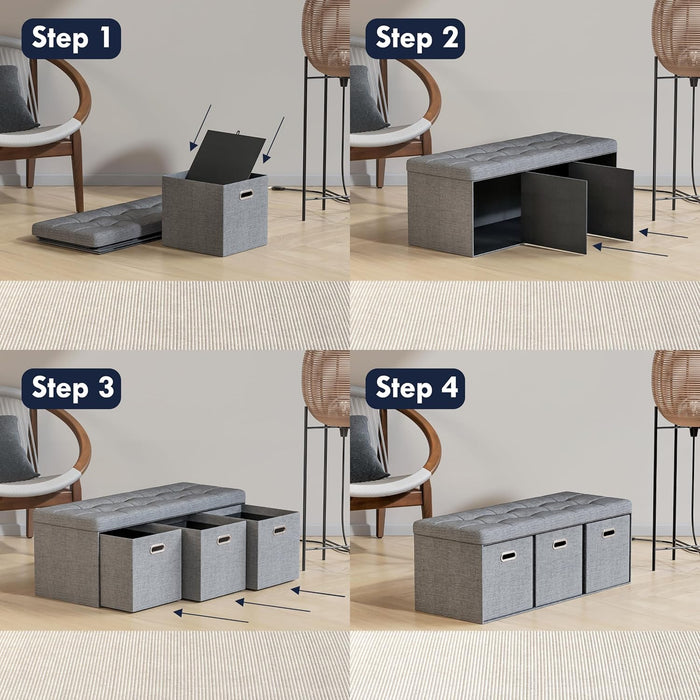 Storage Ottoman with 3 Drawers, 40 Inches Long Foldable Tufted Linen Large Bench Ottoman with Storage, Foot Rest Stool Seat, for Living Room, Bedroom, Entryway, Gray