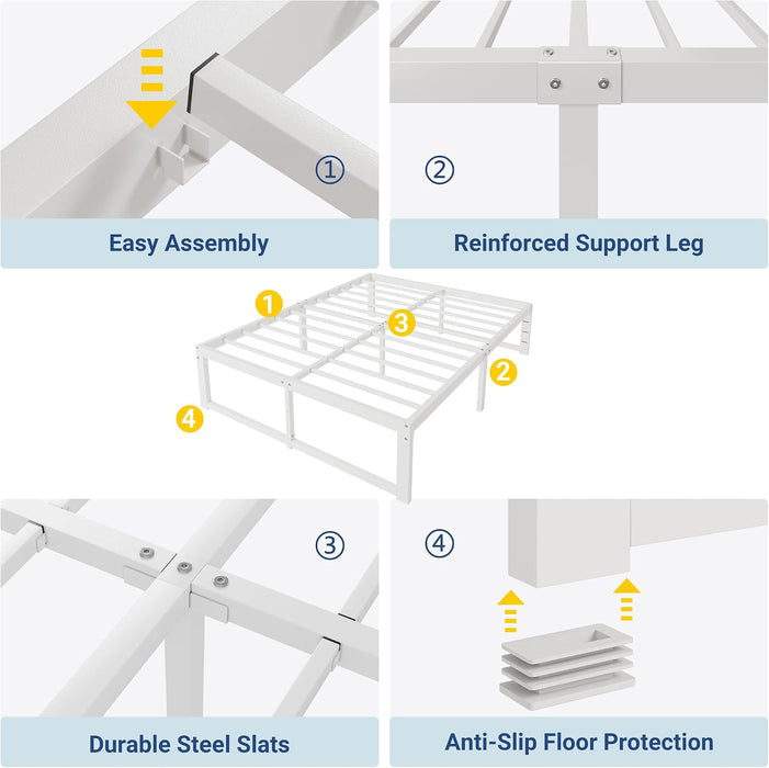 14 Inch Queen Metal Bed Frame, 4000LBS Heavy Duty Support, White