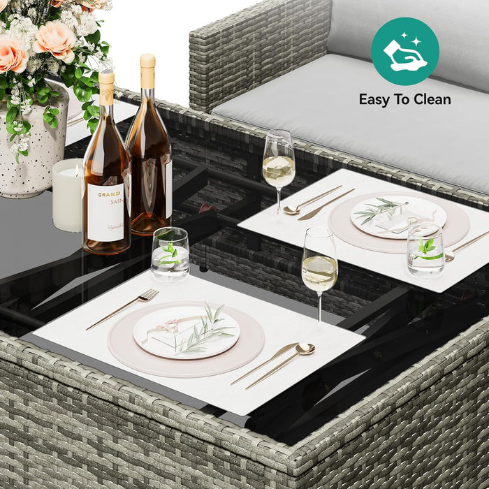 L-Shaped Outdoor Sectional Sofa Set with Adjustable Lift-Top Dining Table, All-Weather Wicker Patio Furniture, Ottoman & Tempered Glass Top, Gray Gradient