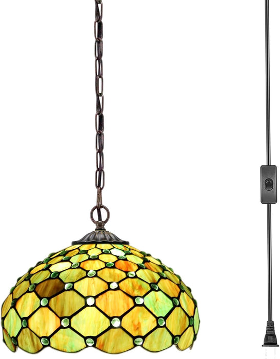 Tiffany Style Plug in Hanging Lamp Green Pearl Stained Glass 180 Inch