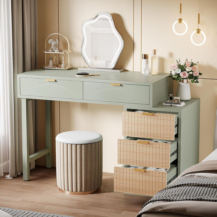 Makeup Vanity Desk with 5 Drawers, Modern Small Dressing Desk with Storage, Wood Make up Table for Bedroom, Narrow Space (Without Mirror), Mint Green