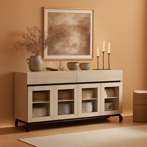 2 in 1 Multifunctional Sideboard Buffet Cabinets with 4 Glass Doors, Modern Sideboard Credenza, Coffee Bar Cabinet for Living Room, Kitchen, Light Oak