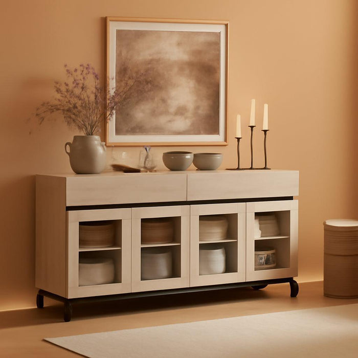 2 in 1 Multifunctional Sideboard Buffet Cabinets with 4 Glass Doors, Modern Sideboard Credenza, Coffee Bar Cabinet for Living Room, Kitchen, Light Oak