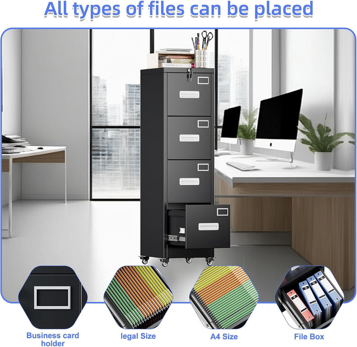 4 Drawer Metal File Cabinet with Lock, Mobile Heavy Duty Steel Filing Cabinet with Full Extension Rails, for Office Workspaces, Letter Legal Size, Black, Assembly Required