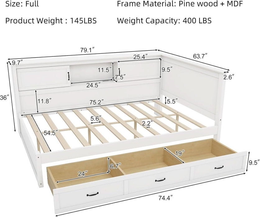 Full Size Corner Bed Frames with Storage Drawers, USB Port, Led Downlight Headboard & Bookcase, Wooden L-Shaped Captain Daybed for Small Room, Bedroom, Guest Room, Kids'Room, White