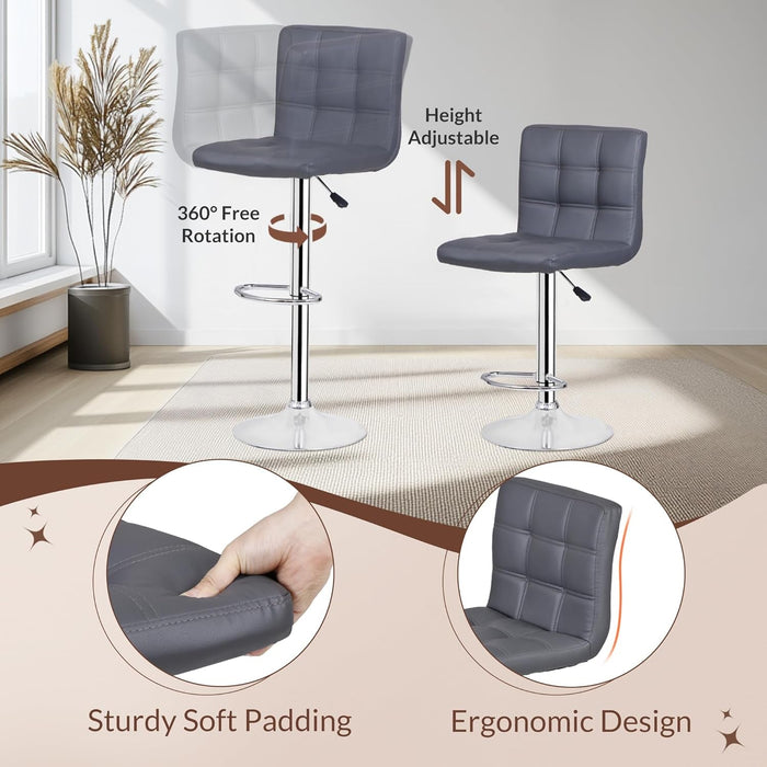 Set of 4 Adjustable Swivel Barstools, Modern PU Leather Kitchen Counter Bar Stools, Square Back Bar Stool (Grey)
