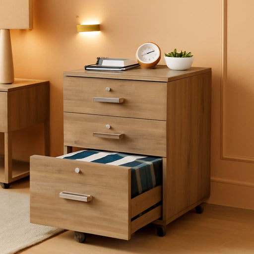 3-Drawer File Cabinet with Lock, Wood Rolling File Cabinet under Desk File Cabinets for Home Office, Mobile Printer Stand & File Cabinet for Letter Sized Files, 26" H(Caster Included), Oak