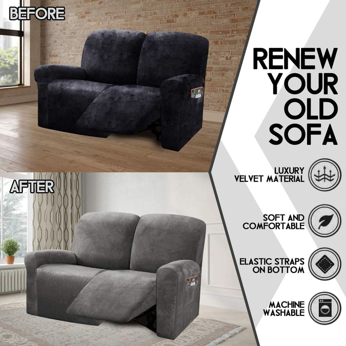 Reclining Love Seat Slipcover, 48" - 65" L, 6-Piece Velvet Stretch Loveseat Reclining Sofa Covers, 2 Seat Love Seat Recliner Cover, Thick, Soft, Washable (Dark Grey)