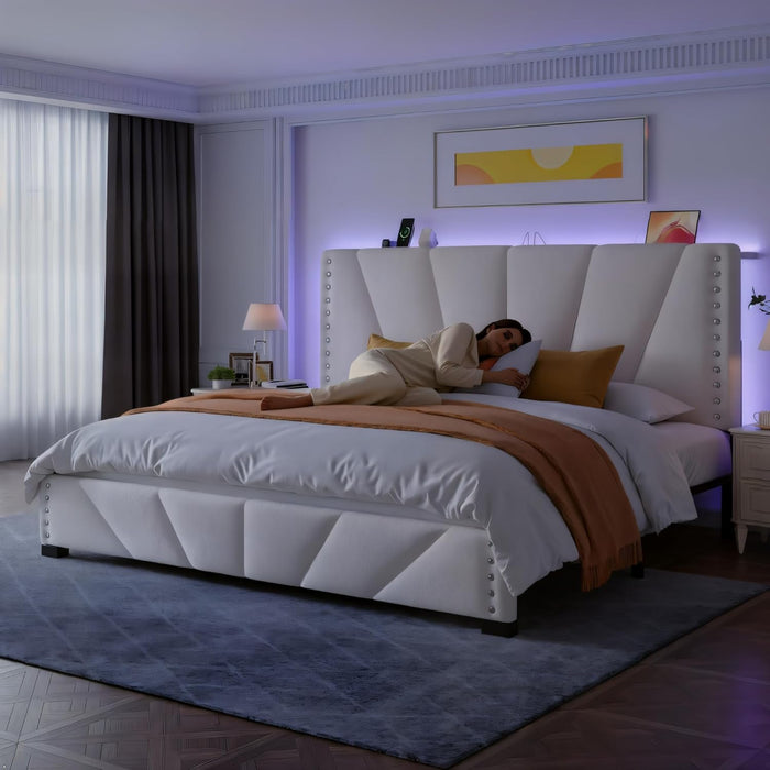 Queen Bed Frame and Headboard, Velvet Upholstered Bed Frame Queen Size with Charging Station and LED Lights, Platform Bed Frame for Bedroom, Apartment, Dorm, Noise-Free, Easy Assembly, Beige