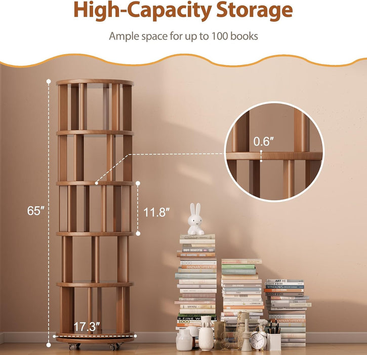 5 Tier Solid Wood Rotating Bookshelf Tower on Wheels, Walnut
