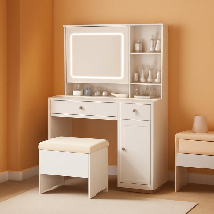 Vanity Table with Hidden Storage & LED Mirror - Includes Padded Stool, 5 Compartments, 2 Drawers & 1 Storage Cabinet - Ideal Bedroom Makeup Dressing Table White