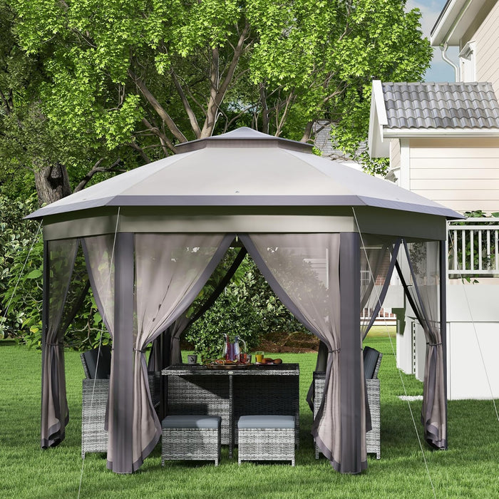 13' X 13' Pop up Gazebo, Hexagonal Canopy Shelter with 6 Zippered Mesh Netting, Event Tent with Strong Steel Frame for Patio Backyard Garden Wedding Party, Coffee and Beige