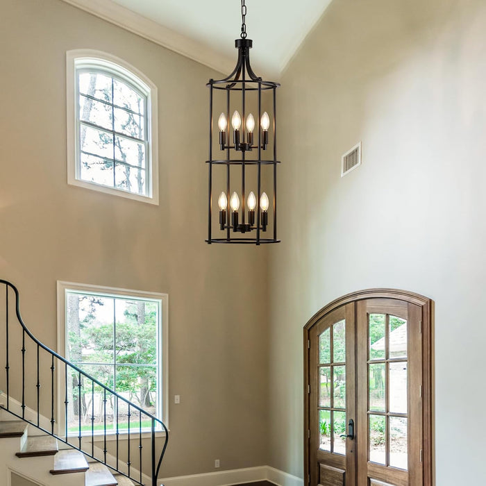 Foyer Chandeliers for High Ceilings, Lantern Tiered Black Chandelier Light Fixture Metal Modern Farmhouse Pendant Lights for Kitchen Island Entryway, Staircase, Living Room, Dinning Room