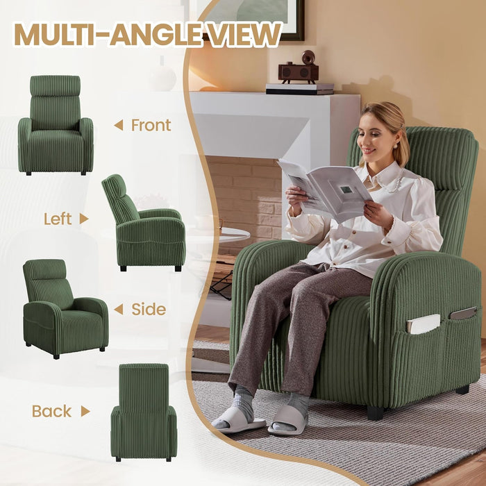 Single Sofa for Living Room, Corduroy Home Movie Theater Seating Reading Accent Chair with Side Pockets High Back for Nursing Bedroom, Dark Green