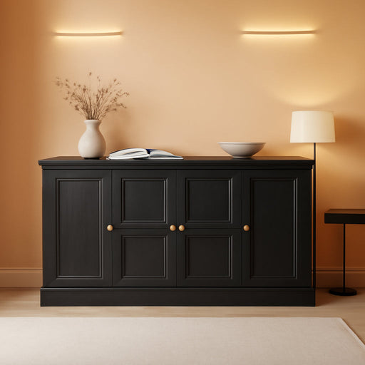 63" Large Buffet Cabinet with Storage, Farmhouse Sideboard Cabinet with Grooved Barn Doors, Wood Rustic Kitchen Buffet Table Coffee Bar Storage Cabinet for Kitchen, Living Room (Black)