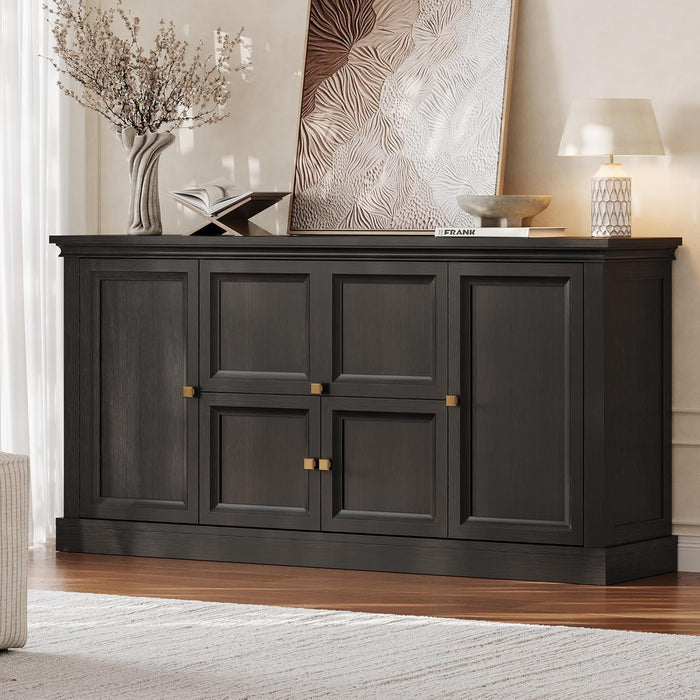 63" Large Buffet Cabinet with Storage, Farmhouse Sideboard Cabinet with Grooved Barn Doors, Wood Rustic Kitchen Buffet Table Coffee Bar Storage Cabinet for Kitchen, Living Room (Black)