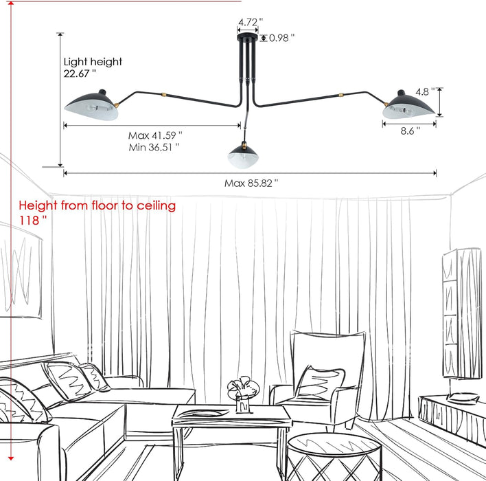 85" Mid-Century Chandelier, Matt Black Finish with Adjustable 3-Arms Large Pendant Lighting Fixture for Dining Room Living Room Kitchen Island Bedroom 3-Light