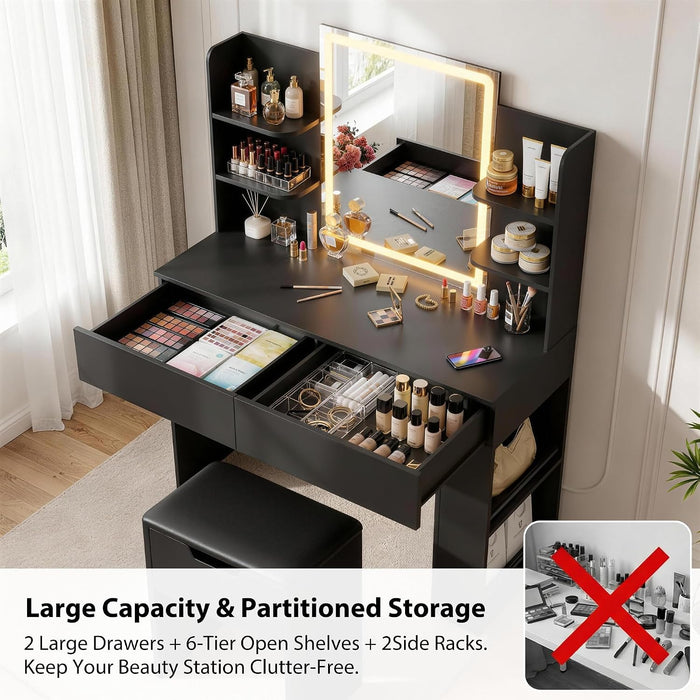 Vanity Desk with Mirror and LED Lights, Makeup Vanity Table with 3 Lighting Color, Adjustable Brightness, Vanity Table with 2 Drawers, Side Storage, for Bedroom (Black, with Bench)