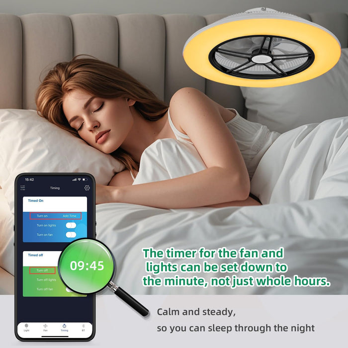 Low Profile Ceiling Fan with Light, Enclosed Bladeless Ceiling Light, Bluetooth Speaker, 6 Speeds Reversible, Stepless Dimming, Smart Flush Mount Ceiling Fan for Bedroom, Kids Room and Living Room 22"