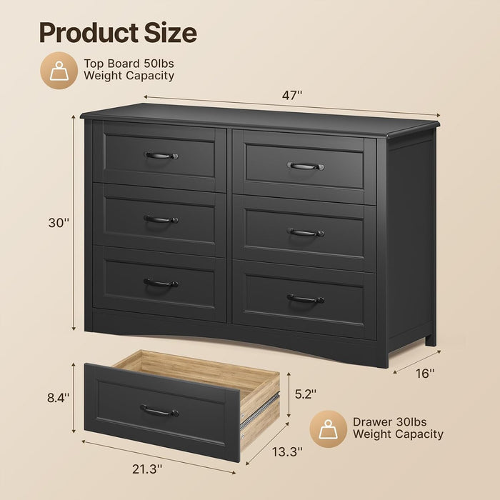 47" 6 Drawer Dresser, Black Wide Chest of Drawers for Bedroom