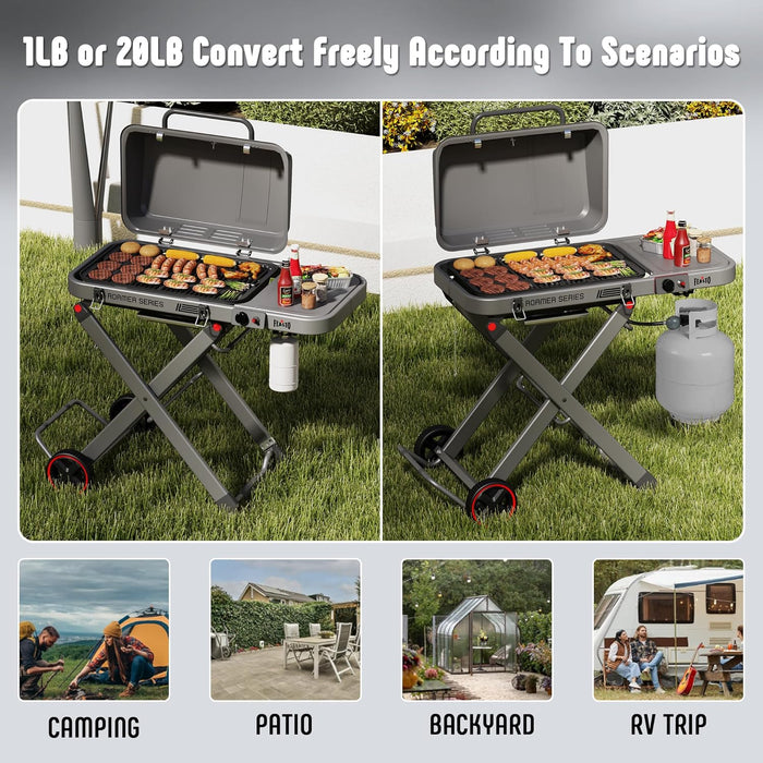 Portable Propane Gas Grill with Folding Cart & 13000 Btus Burner, 360 Sq. In. Cast Iron Cooking Grates, Side Table, 8" Wheels, Stainless Grease Tray for Outdoor BBQ, Camping & Tailgating, Grey
