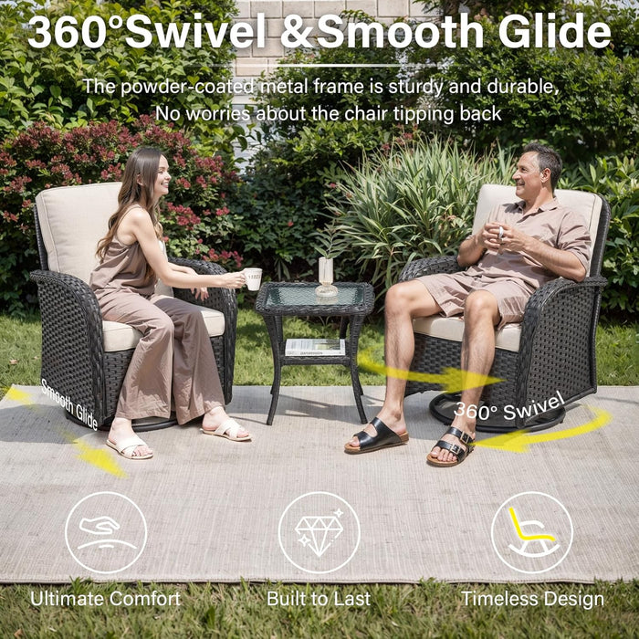 3 Pieces Black Wicker Patio Furniture Outdoor Swivel Rocker Patio Glider Chairs Set of 2 with Side Table Beige Cushion