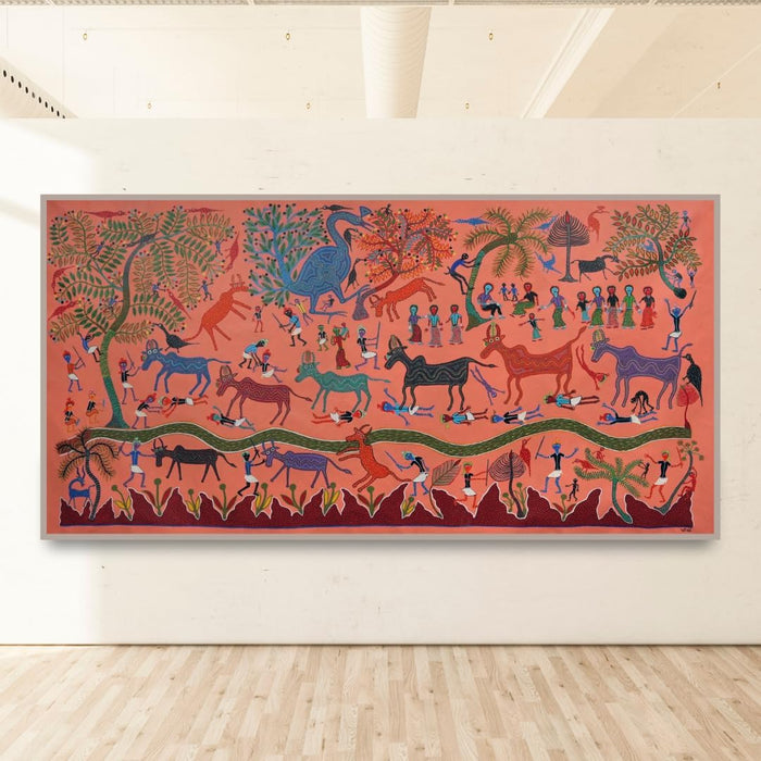 Stampede in the Village | Bhil Art by Bhuri Bai | Exquisite Indian Tribal Artwork | Traditional Folk Painting on Canvas | Vibrant Energy & Cultural Balance | Captivating Wall Décor | Meaningful & Unique Gift