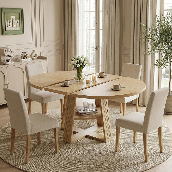 Dining Table, 43"-59" Extendable round Table with Storage, Natural