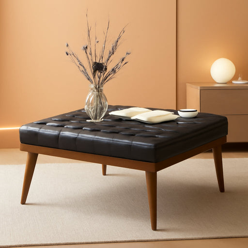 Genuine Leather Square Coffee Table, Button Tufted Upholstered Ottoman Coffee Table with Solid Wooden Flared Legs, Mid-Century Modern Extra Seating for Living Room, Navy