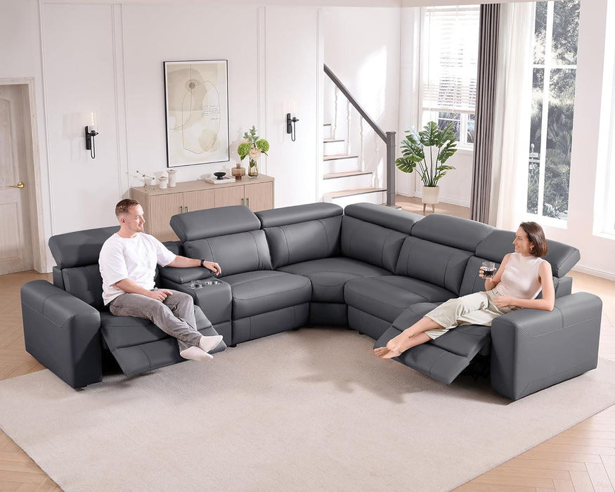 Power Recliner Sofa, Electric Reclining Sofa with Console & Dual Recliner, Leather Sectional Couch for Living Room, Grey