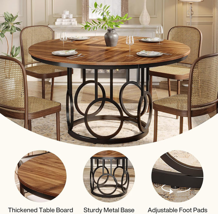 47-Inch round Dining Table, Wood Kitchen Table with Sturdy Metal Base for 4-6 People, Large Circle Dinner Table for Dining Room, Kitchen, Living Room (Brown & Black, Only Desk)