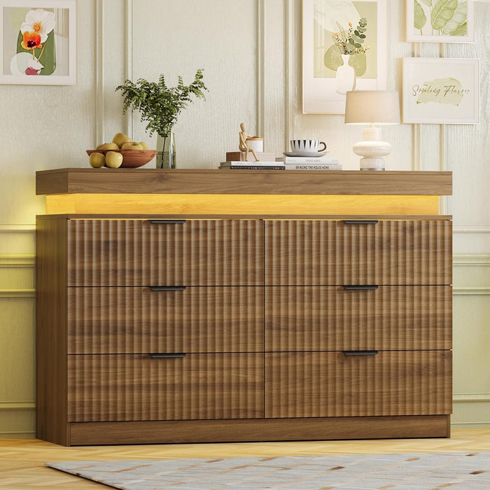 6 Drawer Dresser with LED Lights and Charging Station, 47" Wide Walnut Wood Fluted Dresser for Bedroom, Modern Chest of Drawers for Closet Organizer Cabinet for Living Room, Entryway, Hallway