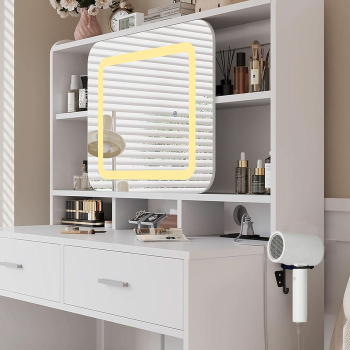 Vanity Desk with Sliding Mirror, Makeup Desk and Stool with Lights in 3 Colors, Girls Vanity Table with Charging Station, 2 Drawers & Storage Shelves for Bedroom, White