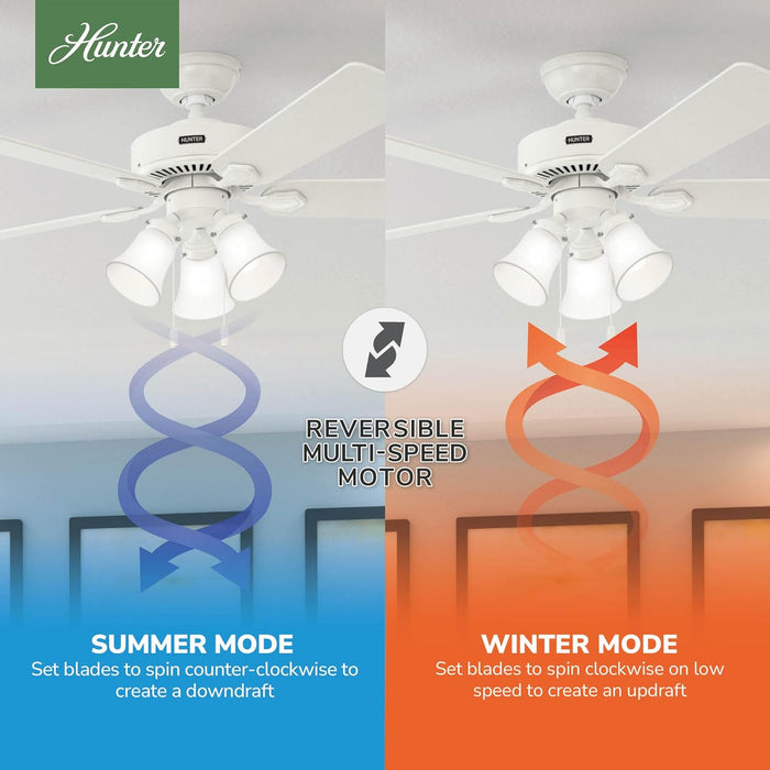 52 Inch Indoor Ceiling Fan with LED Lights - White Ceiling Fan with Pull Chain, for Bedroom, Living Room, or Kitchen, Standard Mount, No Remote, 5 Blades - Swanson 50895, Fresh White