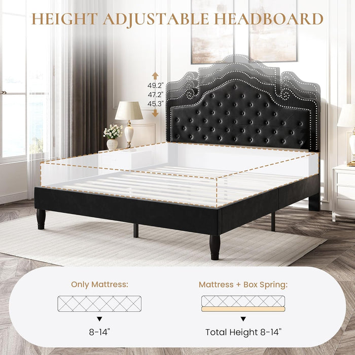 Queen Bed Frame with Adjustable Headboard/Velvet Upholstered/Diamond Button Tufted and Metal Studs/No Box Spring Needed/Wood Slat Support/Easy Assembly/Black