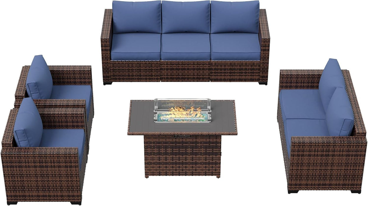 Oversized Outdoor Sectional Sofa Set with 44" Metal Fire Pit Table & Storage Coffee Table - Waterproof Wicker Patio Furniture Set, Modular Furniture with Removable Cushions (Navy)