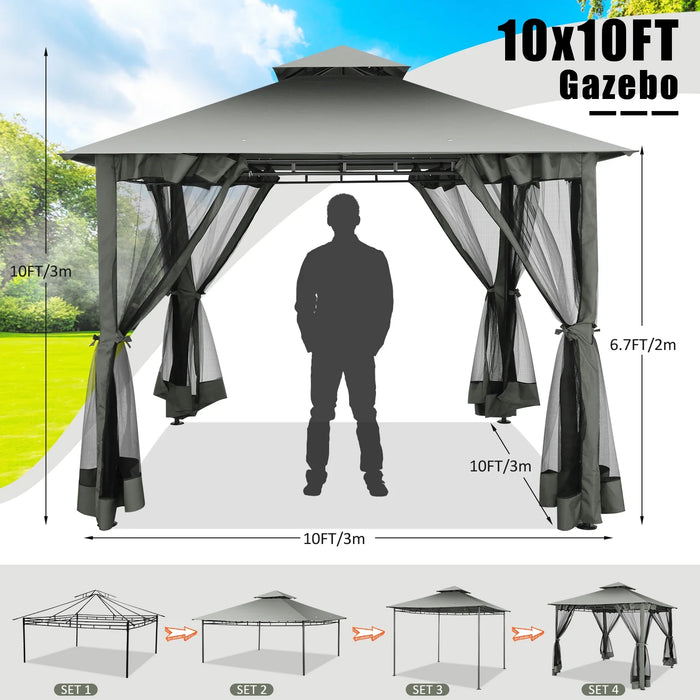 10'X10' Gazebo Canopy Tent, Assembled Style Wrought Iron Gazebo Tent with 4 Detachable Mosquito Net Sidewalls, Rainproof&Sunproof Gazebo Canopy for Tailgate, Yard, Beach