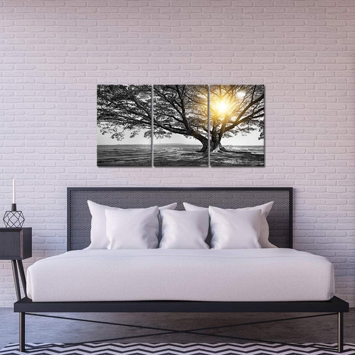 3 Piece Wall Art Black White Tree at Warm Sunrise Landscape Picture Photo Canvas Prints Nature Tree of Life Painting for Home Office Living Room Decor Stretched and Framed Ready to Hang