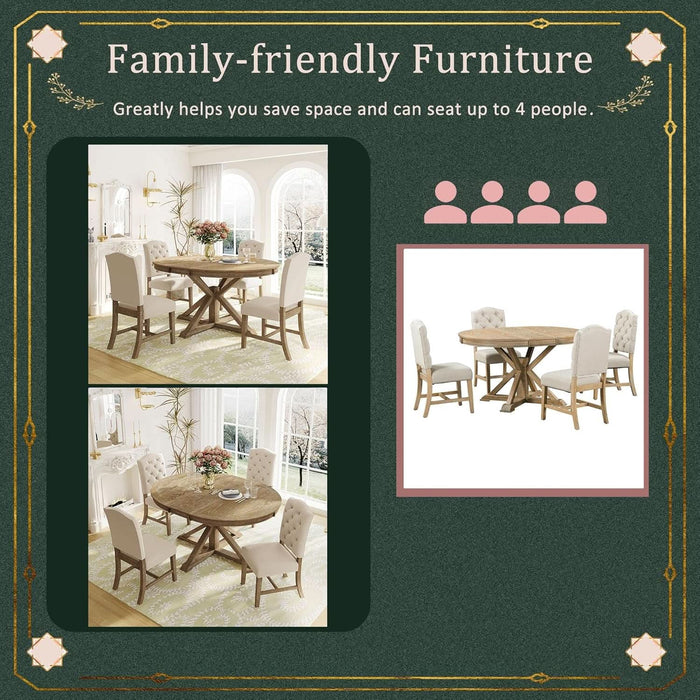 round Dining Table Set for 4-6, Extendable Kitchen Table Set with 4 Upholstered Chairs, Solid Wood Dining Table and Chairs Set for Kitchen, Dining Room, Natural