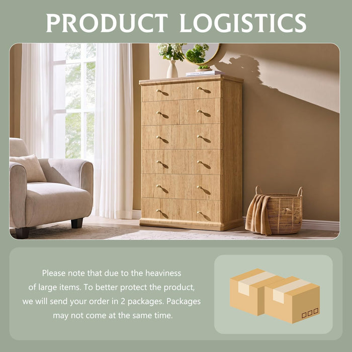 Modern 7 Drawers Dresser for Bedroom, 48" Tall Dressers，Natural Oak