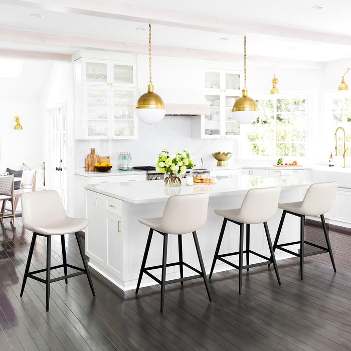 24 Inch Counter Stool, Modern Bucket Barstool Set of 3, Barstools with Back and Footrest, Faux Leather Bar Stools for Kitchen Island Restaurants, Antique White