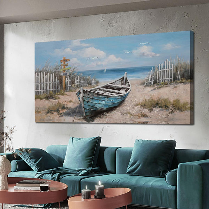 Boat Canvas Wall Art Nautical Art Wall Decor for Living Room, Blue Teal Bedroom Picture Textured Beach Painting Framed Artwork Dining Room Home Office Kitchen, Large 40"X20"