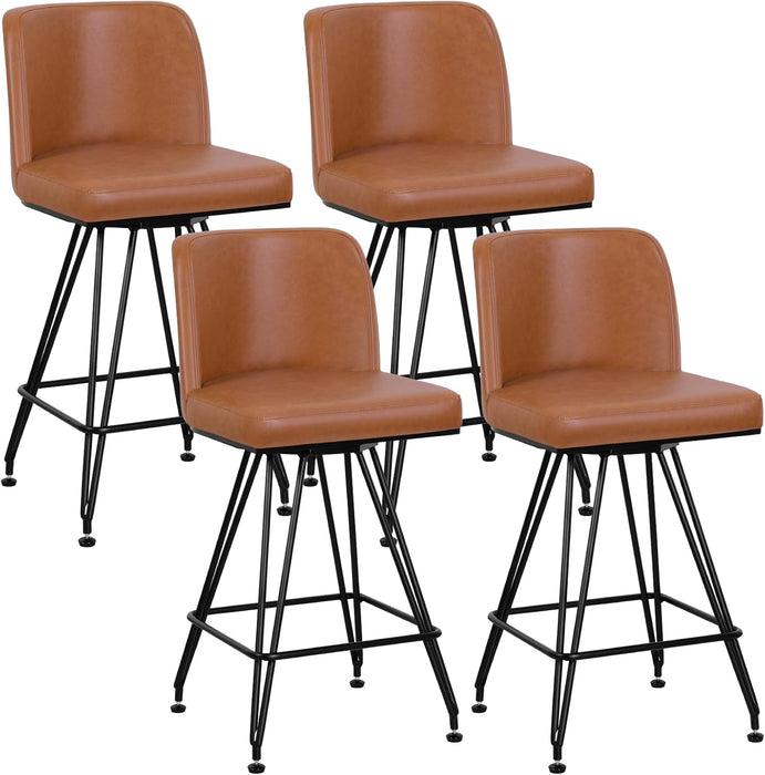 Swivel Bar Stools Set of 4, 26 Inch Counter Height Barstools, Faux Leather Bar Stool with Backs and Solid Metal Legs, Industrial Heavy Duty Counter Stools for Kitchen Island, Pub, Brown