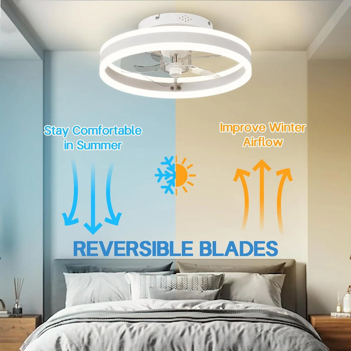 Low Profile 15.7" LED Small Ceiling Fan with Light - Modern, Semi-Enclosed Flush Mount, Smart APP & Remote Control, 6-Speeds, White - Perfect for Bedroom and Living Room