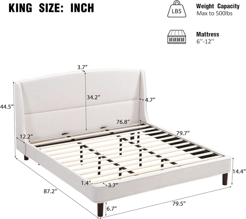 Cordo 44.50" H King Size Bed Set, Upholstered Platform Bed with Wingback Headboard, Solid Wooden Slats Panel Support, No Box Spring Needed, Easy Assembly, Beige